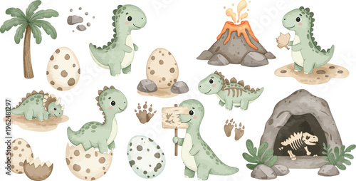Collection of cute cartoon dinosaurs and prehistoric elements for kids illustrations