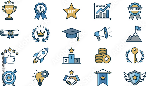 Achievement and award vector icon set with trophies, medals, success charts, goals, motivation, leadership, and excellence business symbols