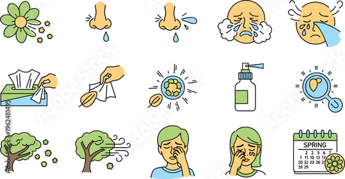 Allergy icon spring Allergy Survival Kit Personal hygiene icons set cartoon style  Seasonal nose,medicine,flower,pain eys.eys,tissue,box,tissue box,dug,allergy,sesonal,