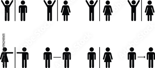 Eight human interaction silhouettes with barriers, gender dynamics, communication symbols and social separation concept vector illustration design for abstract themes