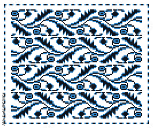 Ukrainian Pixel Vine Botany Ornament in Black Blue