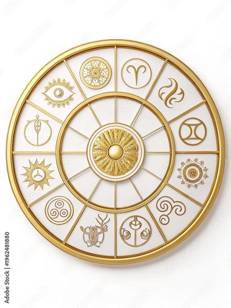 Obraz premium Zodiac wheel with golden symbols on white background