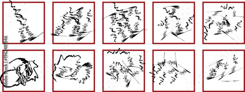 Black scribbles and lines on white backgrounds within red frames
