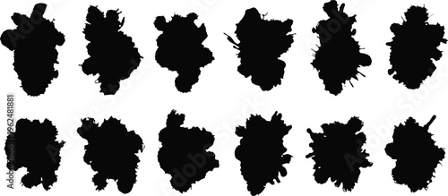 Rorschach inkblot test a series of abstract black brush  shapes on white background
