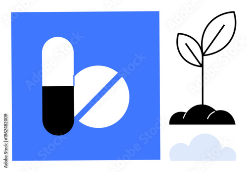 Healthcare, green medicine, pharmaceuticals, nature-based solutions, eco-friendly health, innovation. Capsule, pill and sprouting plant on clean design. Healthcare and green medicine conceptual ion