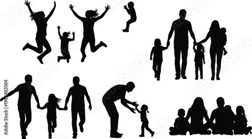 Family silhouette vector illustration featuring parents and children together in playful poses, bonding, connection, love, happiness, unity design artwork