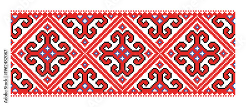 Ukrainian Pixel Rhombic Cross Motif in Red Black