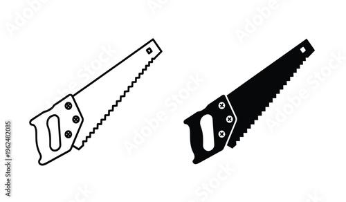 Silhouette of two handsaws with serrated blades and handles