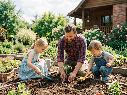 Gardening together father and children planting vegetables at home family bonding in sunshine