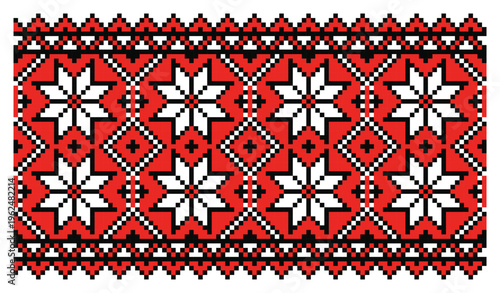 Ukrainian Pixel Eight-Pointed Star on Red Motif