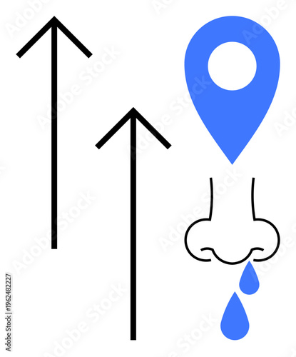 Healthcare, allergies, nasal congestion, medical symptoms, respiratory health, diagnosis. Visual of a dripping nose, blue location marker and upward arrows. Allergies and nasal congestion concept