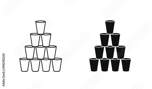 A silhouette of two pyramid stacks of plastic cups one clear and one black on a white background forming a popular drinking game setup silhouette