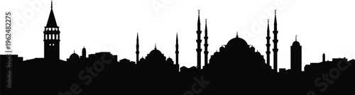 Istanbul skyline silhouette with mosques, minarets, domes, Galata Tower, Ottoman architecture, Byzantine heritage, cultural landmark, historic cityscape illustration, Turkey