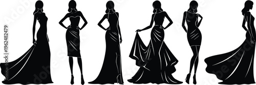Fashion model silhouette vector illustration set featuring elegant dresses, long gowns, short form-fitting styles, stylish poses, creative design artwork