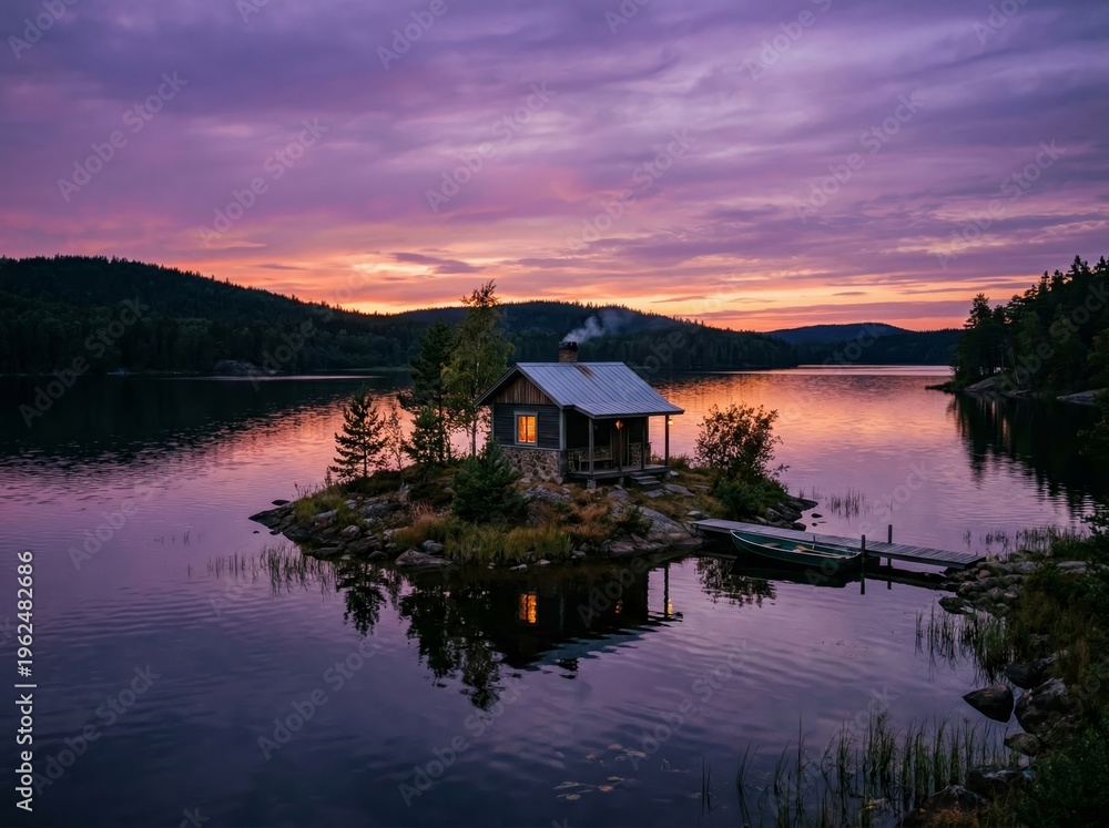 Fototapeta premium Serene sunset at rustic island cabin lake reflection peaceful wilderness retreat