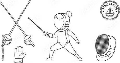 Fencing sport illustration with crossed swords, glove, fencer in en garde stance, mask and fencing club emblem black white vector design
