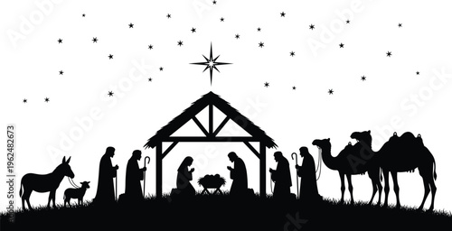 Black silhouette of nativity scene with people animals and star white background