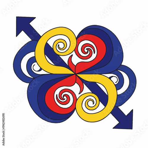 Abstract symmetrical design featuring swirling shapes in red, yellow, and blue, with two opposing arrows crossing the center.