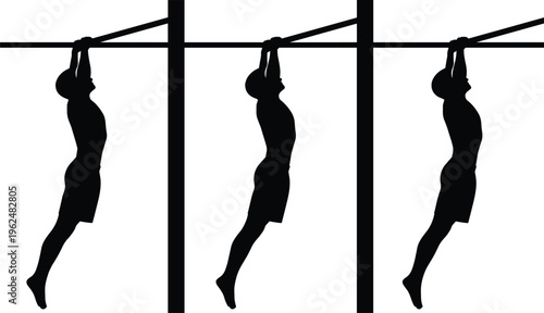 Fitness silhouette vector illustration showing person hanging from bar performing pull-up exercise sequence with strength training design artwork.