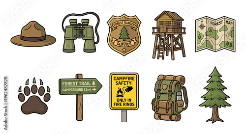 Forest ranger camping outdoor adventure items, including a hat, binoculars, and map, are essential for exploring nature and ensuring safety in the wilderness.