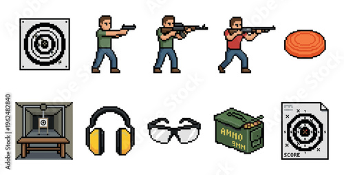 Shooting sports pixel art icons collection featuring various elements like targets, shooters, ammunition, and safety gear for gaming or digital design projects.