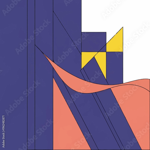 Abstract geometric composition featuring bold blue, coral, and yellow shapes with sharp lines and curves.