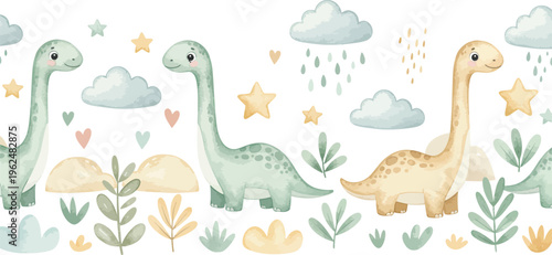 Whimsical illustration of friendly dinosaurs in a magical prehistoric landscape with rain and stars