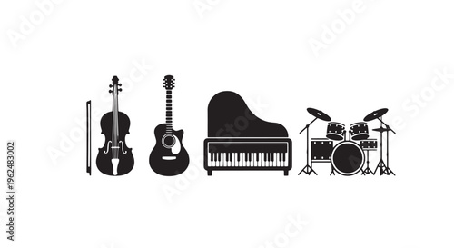 Musical Instruments Icon Set with Violin, Guitar, Piano, and Drum in One Row, Minimal Black Silhouettes