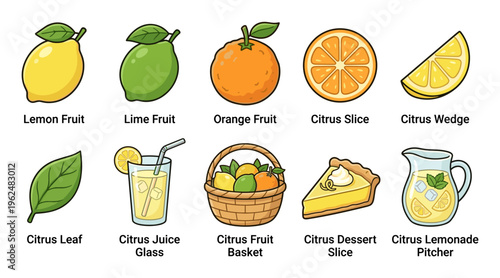 Various citrus fruits and products are depicted in a colorful cartoon style, showcasing lemons, limes, oranges, and their delicious derivatives.