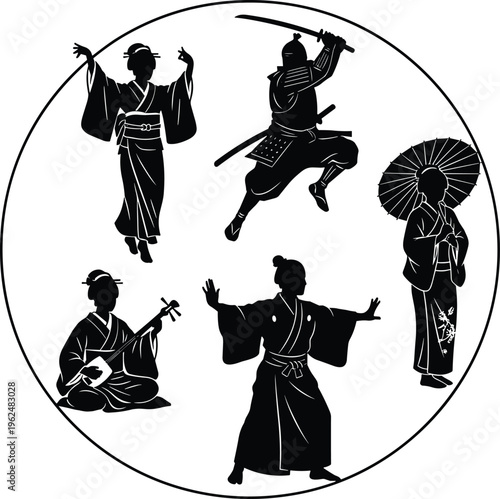 Five Japanese culture silhouettes in circular frame, traditional dance, samurai combat, parasol kimono, shamisen music, martial arts vector illustration design