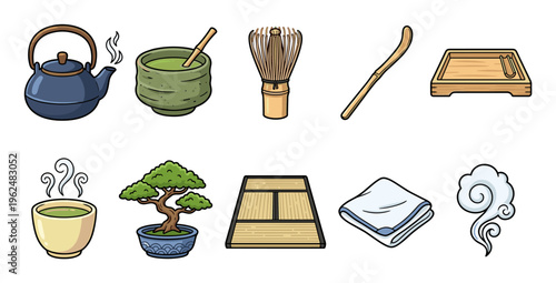 Japanese tea ceremony items and traditional cultural elements are beautifully illustrated in a charming cartoon style, representing Asian traditions.