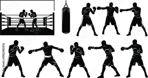 Black silhouettes of boxers in various fighting poses with punching bag and ring boxing white background