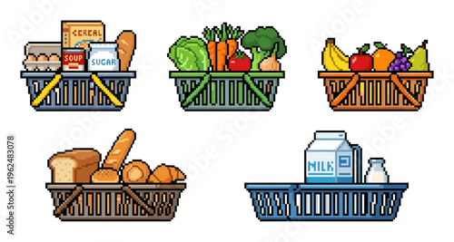 Pixel art shopping baskets filled with various grocery items, including fresh produce, baked goods, dairy, and pantry staples, representing a complete supermarket haul.
