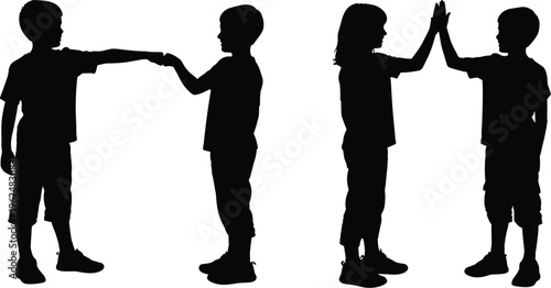 Black silhouettes of children bumping fists and fiving kids white background