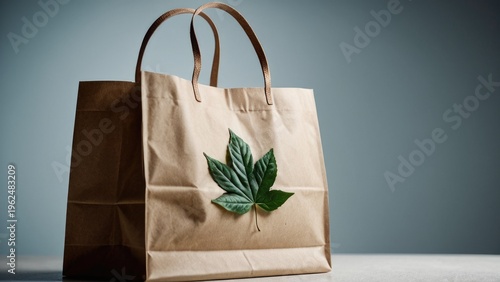 A brown paper bag with a leaf attached, suitable for outdoor or nature-themed designs