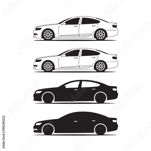 Minimalist Modern Sedan Car Silhouette Set – Evolution of Automotive Design Icons