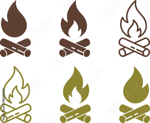 Campfire flame icon set with wood logs in solid and outline styles. Minimal outdoor fire symbols for camping, cooking, and heat concepts. Clean vector collection for apps, signage, and survival 