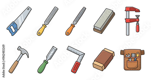 Various hand tools for carpentry and woodworking projects are neatly displayed in a vibrant cartoon illustration style, perfect for DIY and construction themes.