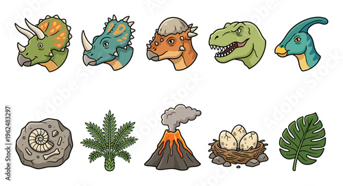 Cartoon dinosaurs and prehistoric elements collection featuring various dinosaur heads, fossils, ancient plants, an erupting volcano, and a nest with eggs.