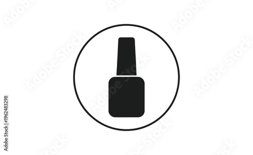 A simple black icon of a nail polish bottle in a circle on a white background