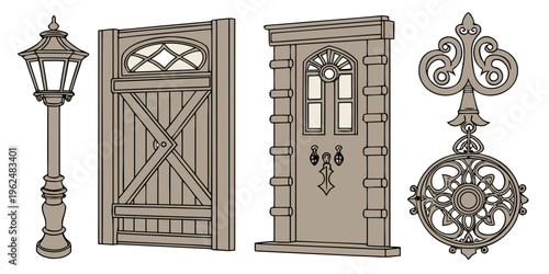 Vintage street lamp and ornate door with intricate wrought iron designs