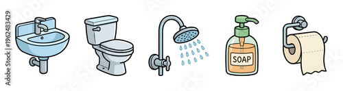 Essential bathroom fixtures and hygiene products are illustrated in a clean, simple cartoon style, representing daily cleanliness and personal care.