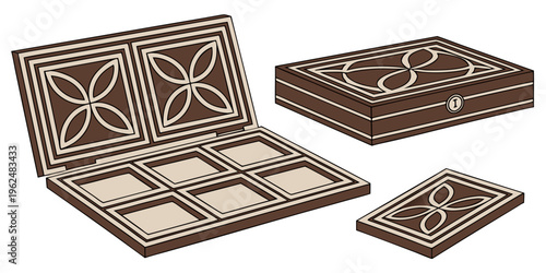 A beautifully crafted wooden box set with intricate designs and compartments