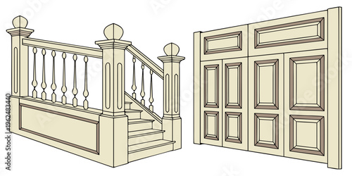 Elegant wooden staircase with intricate banister and paneled door