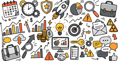 Hand drawn business and finance doodle vector illustration with analytics charts, growth strategy, startup launch, marketing, communication, and productivity icons