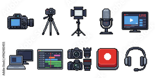 Video production streaming equipment pixel art icons collection featuring cameras, microphones, lights, and editing tools for digital content creation and live broadcasting.