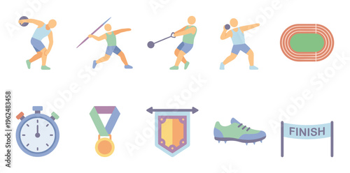 Track and field athletics icons set with various elements representing different sports events and related equipment in a flat design style.