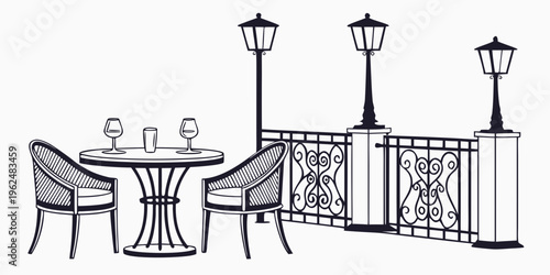 A cozy outdoor dining area with a table, chairs, and a balcony with a railing