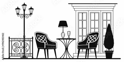 A cozy outdoor seating area with a table, chairs, and a lamp.