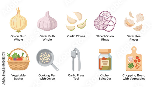 Various cooking ingredients and kitchen tools are neatly arranged, showcasing different stages of food preparation from whole vegetables to chopped spices.